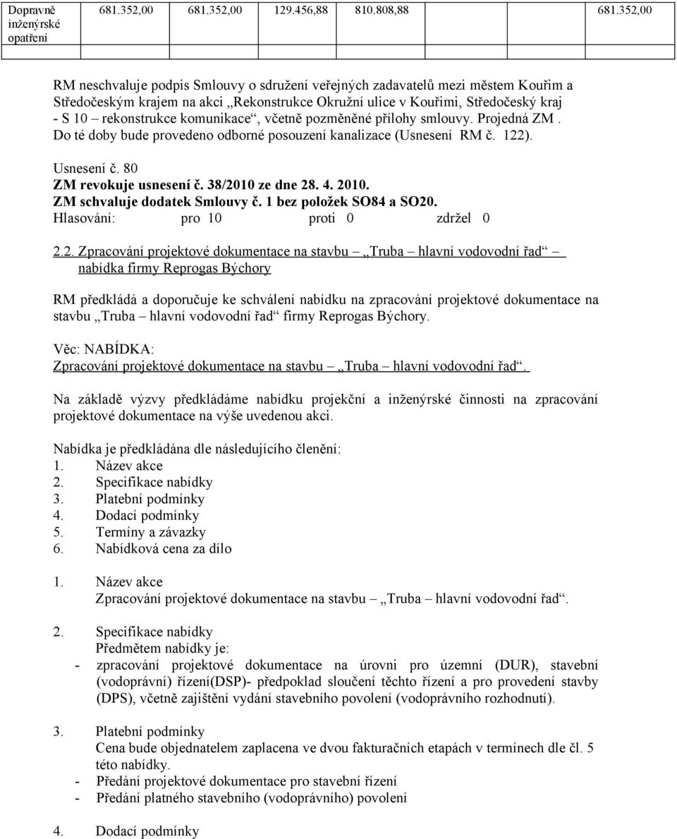 komunikace, včetně pozměněné přílohy smlouvy. Projedná ZM. Do té doby bude provedeno odborné posouzení kanalizace (Usnesení RM č. 122). Usnesení č. 80 ZM revokuje usnesení č. 38/2010 ze dne 28. 4.