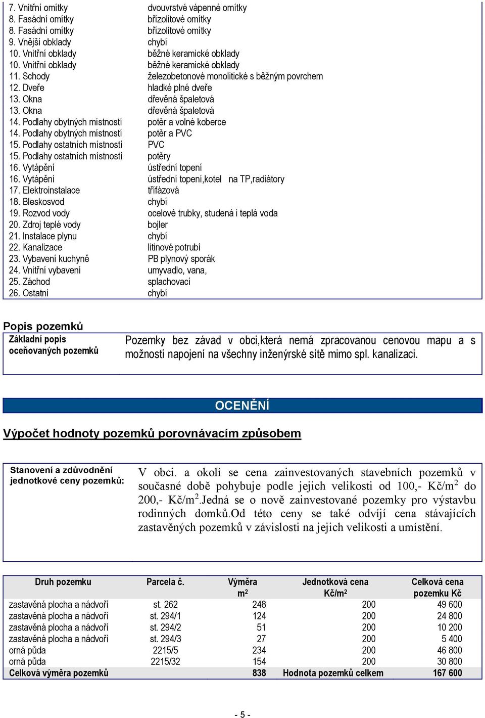 Podlahy obytných místností potěr a volné koberce 14. Podlahy obytných místností potěr a PVC 15. Podlahy ostatních místností PVC 15. Podlahy ostatních místností potěry 16. Vytápění ústřední topení 16.