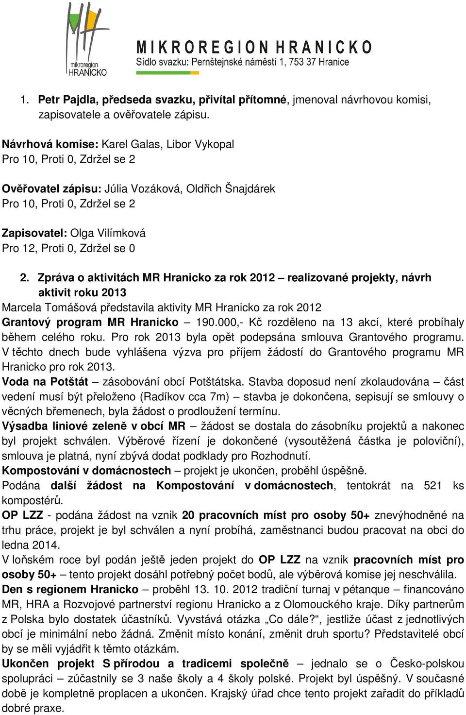 Zpráva o aktivitách MR Hranicko za rok 2012 realizované projekty, návrh aktivit roku 2013 Marcela Tomášová představila aktivity MR Hranicko za rok 2012 Grantový program MR Hranicko 190.