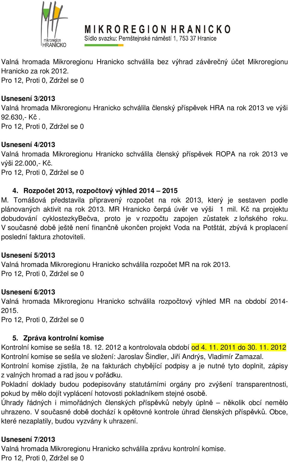 Usnesení 4/2013 Valná hromada Mikroregionu Hranicko schválila členský příspěvek ROPA na rok 2013 ve výši 22.000,- Kč. 4. Rozpočet 2013, rozpočtový výhled 2014 2015 M.