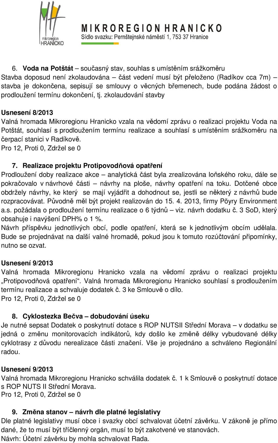 zkolaudování stavby Usnesení 8/2013 Valná hromada Mikroregionu Hranicko vzala na vědomí zprávu o realizaci projektu Voda na Potštát, souhlasí s prodloužením termínu realizace a souhlasí s umístěním