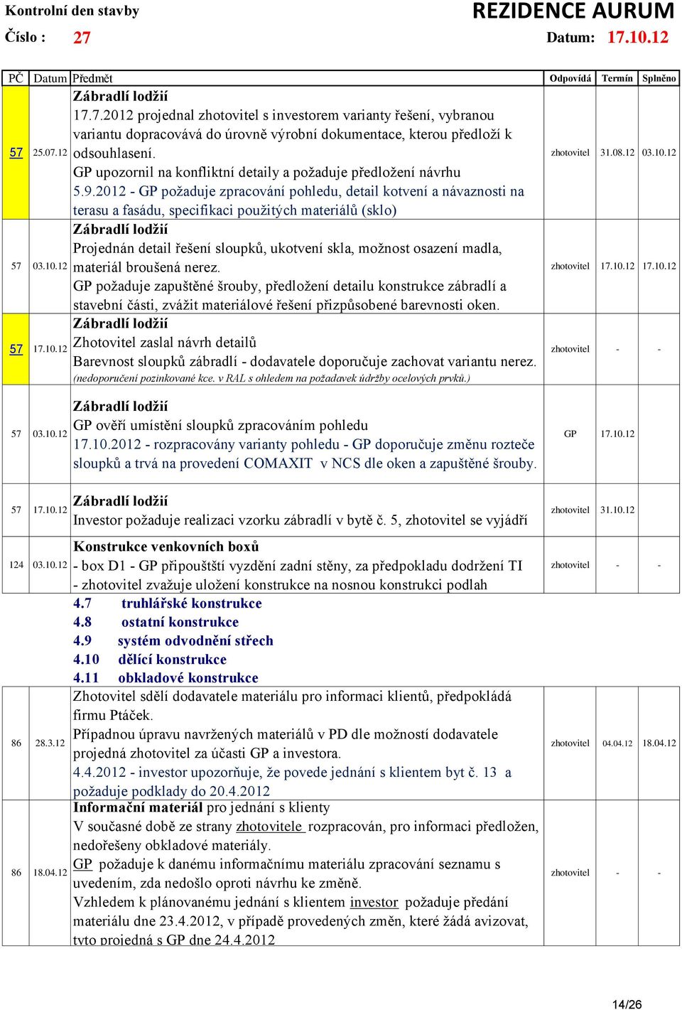 2012 - GP požaduje zpracování pohledu, detail kotvení a návaznosti na terasu a fasádu, specifikaci použitých materiálů (sklo) Zábradlí lodžií Projednán detail řešení sloupků, ukotvení skla, možnost