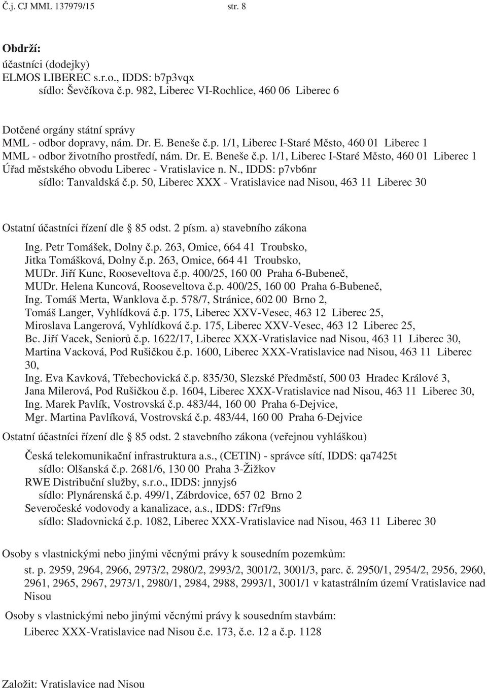 N., IDDS: p7vb6nr sídlo: Tanvaldská.p. 50, Liberec XXX - Vratislavice nad Nisou, 463 11 Liberec 30 Ostatní ú astníci ízení dle 85 odst. 2 písm. a) stavebního zákona Ing. Petr Tomášek, Dolny.p. 263, Omice, 664 41 Troubsko, Jitka Tomášková, Dolny.