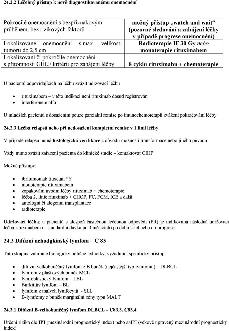 onemocnění) Radioterapie IF 30 Gy nebo monoterapie rituximabem 8 cyklů rituximabu + chemoterapie U pacientů odpovídajících na léčbu zvážit udržovací léčbu rituximabem v této indikaci není rituximab