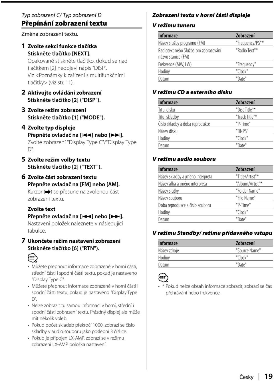 2 Aktivujte ovládání zobrazení Stiskněte tlačítko [2] ("DISP"). 3 Zvolte režim zobrazení Stiskněte tlačítko [1] ("MODE"). 4 Zvolte typ displeje Zvolte zobrazení "Display Type C"/"Display Type D".