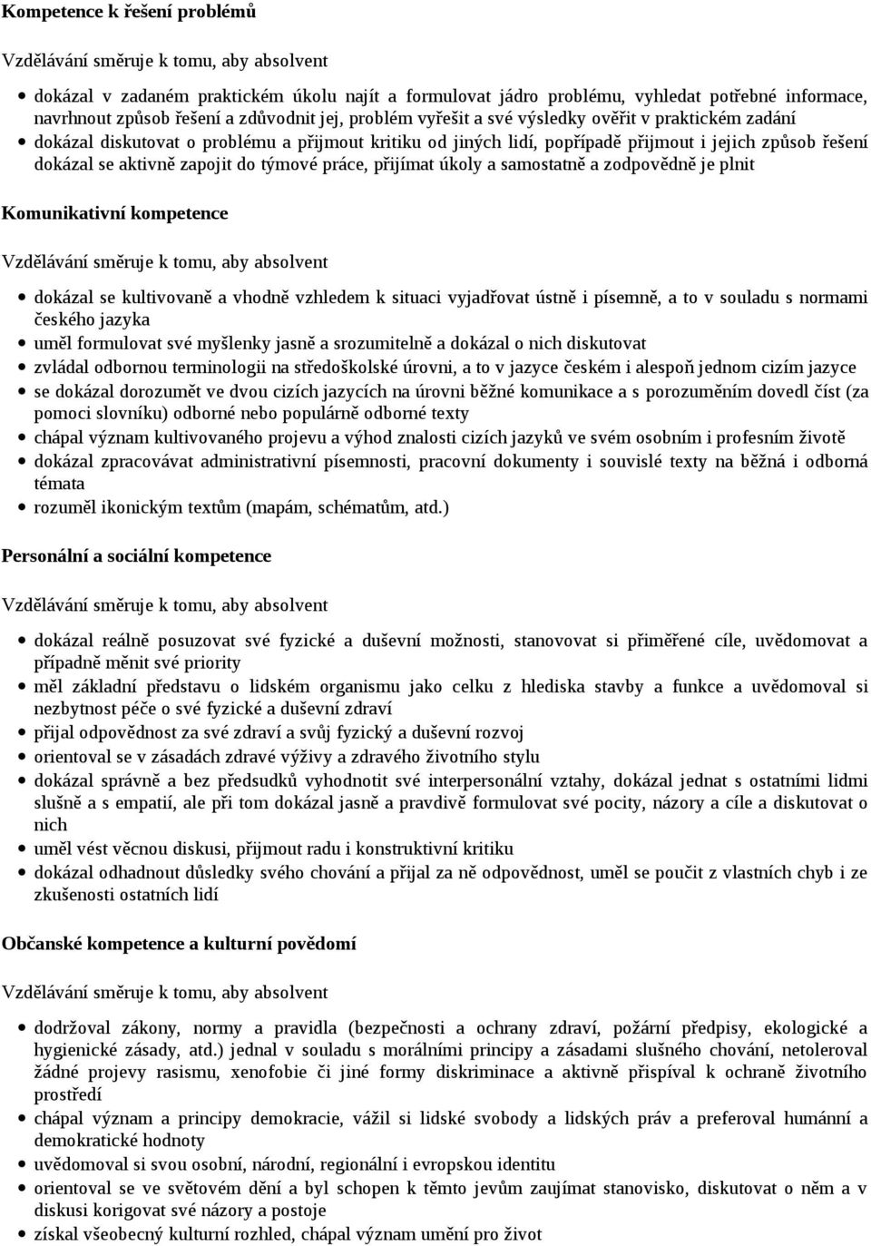 zapojit do týmové práce, přijímat úkoly a samostatně a zodpovědně je plnit Komunikativní kompetence Vzdělávání směruje k tomu, aby absolvent dokázal se kultivovaně a vhodně vzhledem k situaci