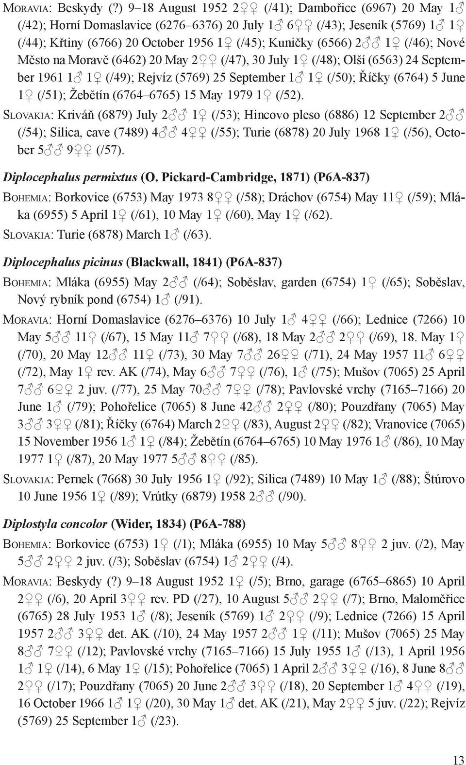 (/46); Nové Město na Moravě (6462) 20 May 2 (/47), 30 July 1 (/48); Olší (6563) 24 September 1961 1 1 (/49); Rejvíz (5769) 25 September 1 1 (/50); Říčky (6764) 5 June 1 (/51); Žebětín (6764 6765) 15