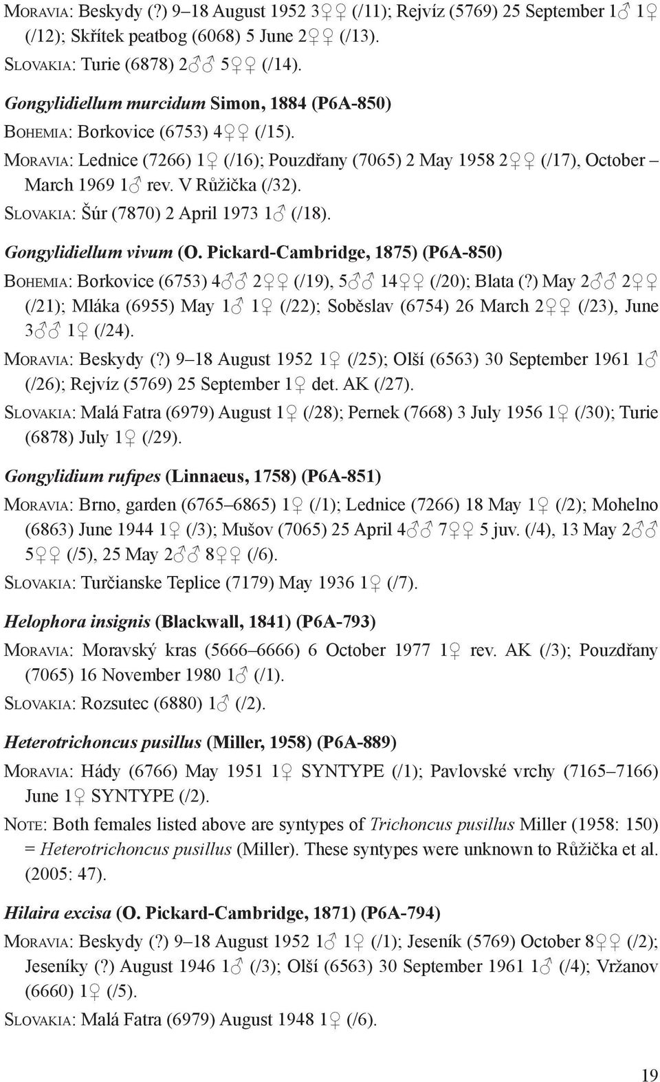 Slovakia: Šúr (7870) 2 April 1973 1 (/18). Gongylidiellum vivum (O. Pickard-Cambridge, 1875) (P6A-850) Bohemia: Borkovice (6753) 4 2 (/19), 5 14 (/20); Blata (?