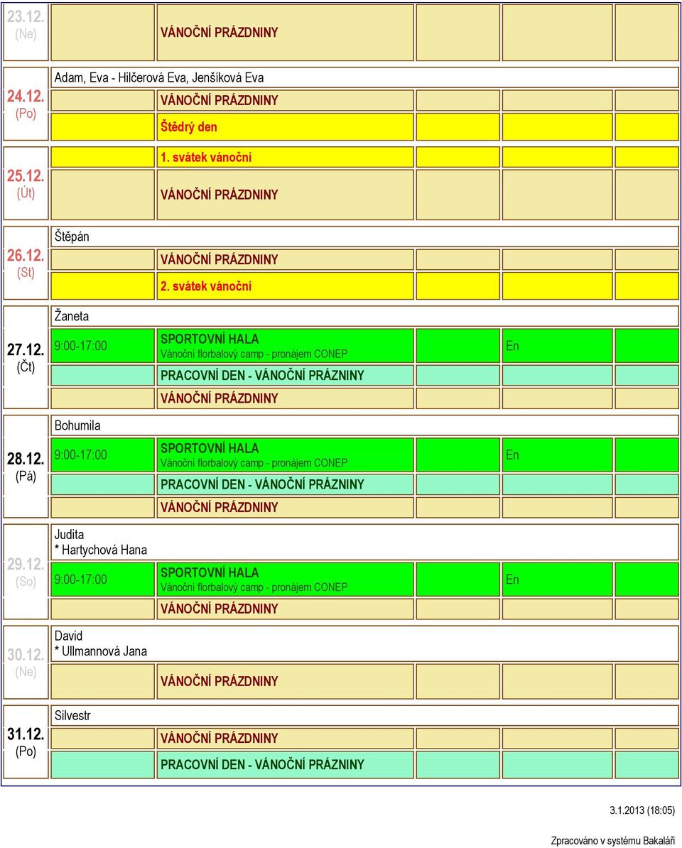 12. Judita * Hartychová Hana 9:00-17:00 Vánoční florbalový camp - pronájem CONEP 30.12. David * lmannová Jana 31.12. Silvestr PRACOVNÍ DEN - VÁNOČNÍ PRÁZNINY 3.