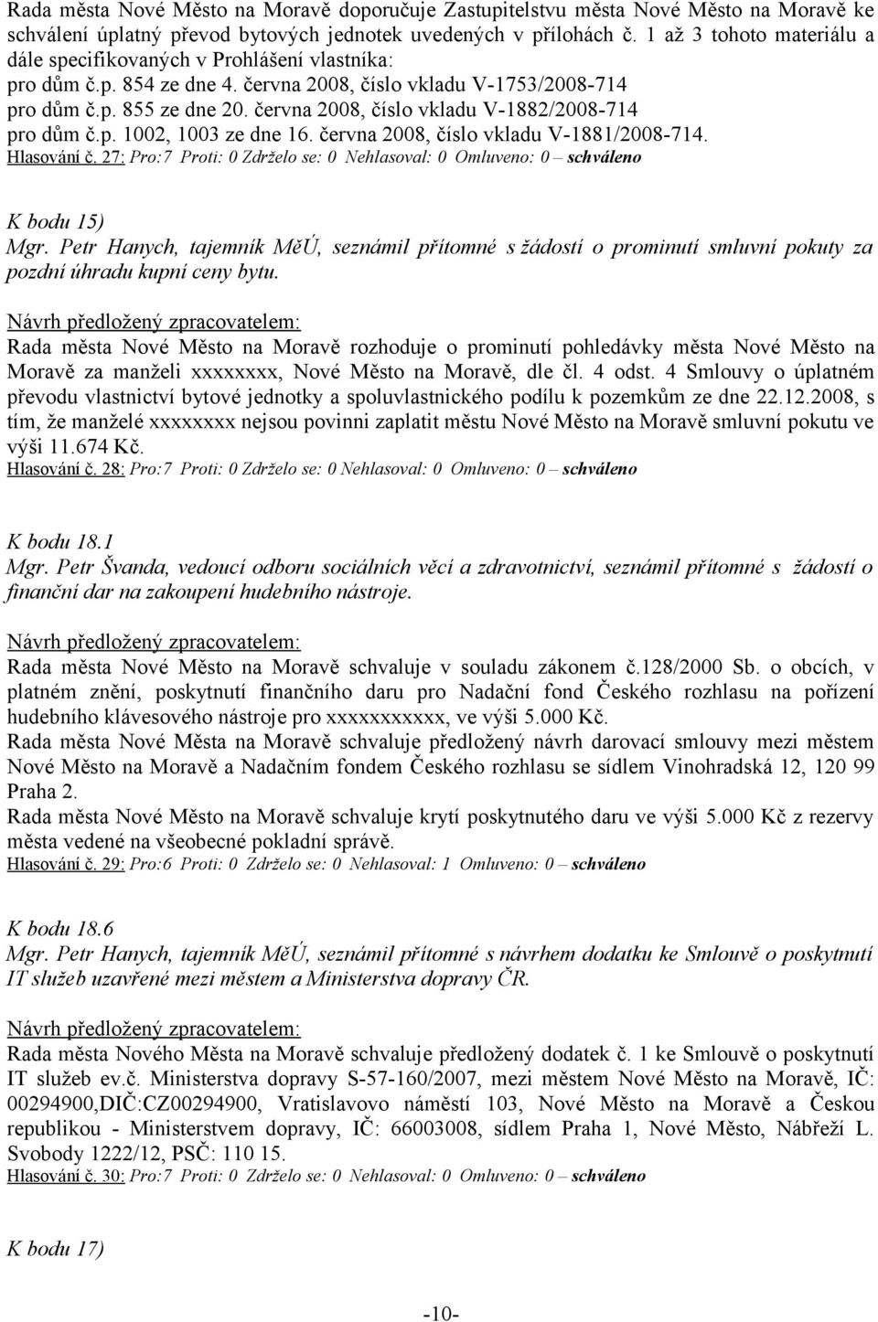 června 2008, číslo vkladu V-1882/2008-714 pro dům č.p. 1002, 1003 ze dne 16. června 2008, číslo vkladu V-1881/2008-714. Hlasování č.