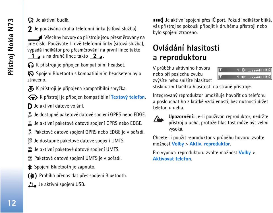 Spojení Bluetooth s kompatibilním headsetem bylo ztraceno. K pøístroji je pøipojena kompatibilní smyèka. K pøístroji je pøipojen kompatibilní Textový telefon. Je aktivní datové volání.