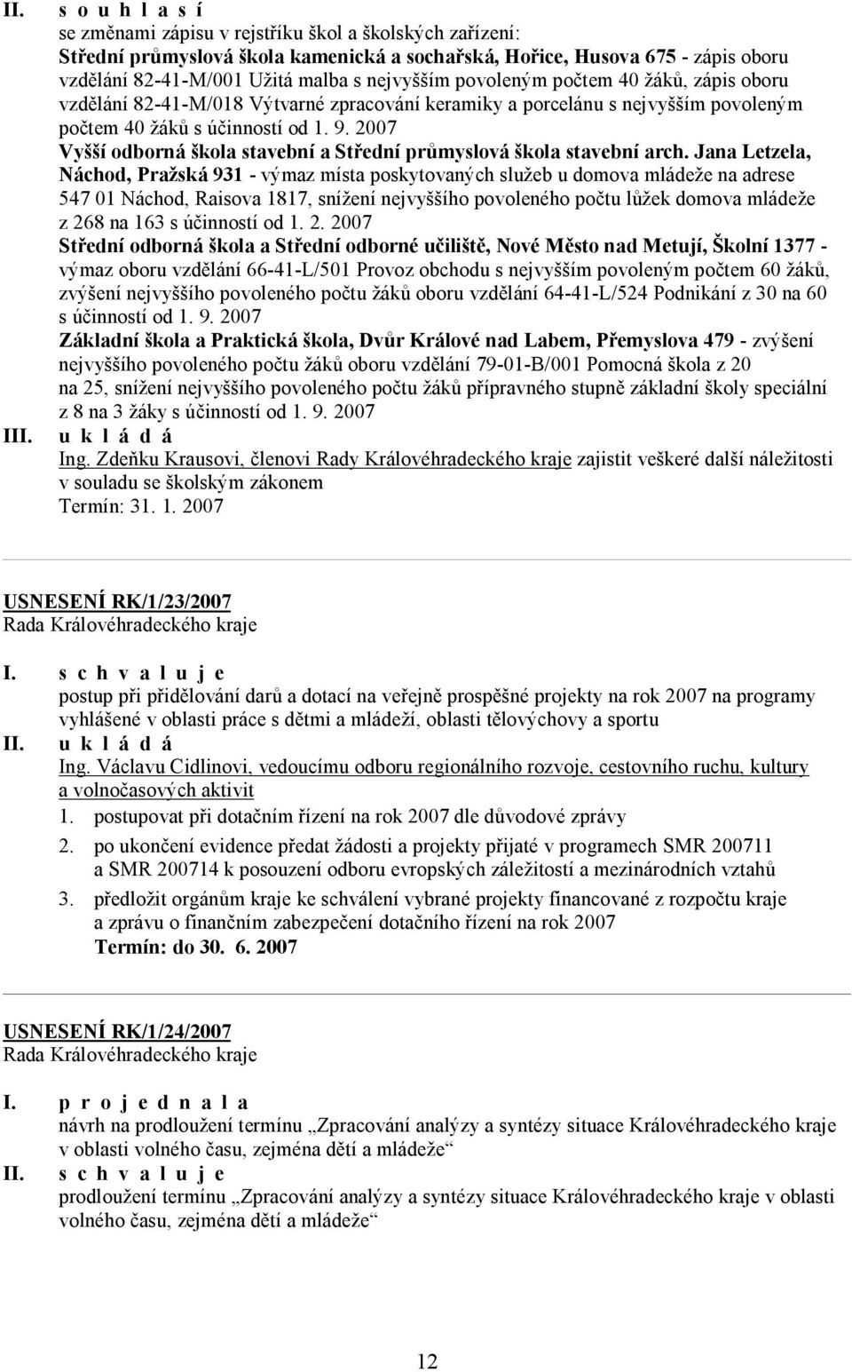 povoleným počtem 40 žáků, zápis oboru vzdělání 82-41-M/018 Výtvarné zpracování keramiky a porcelánu s nejvyšším povoleným počtem 40 žáků s účinností od 1. 9.