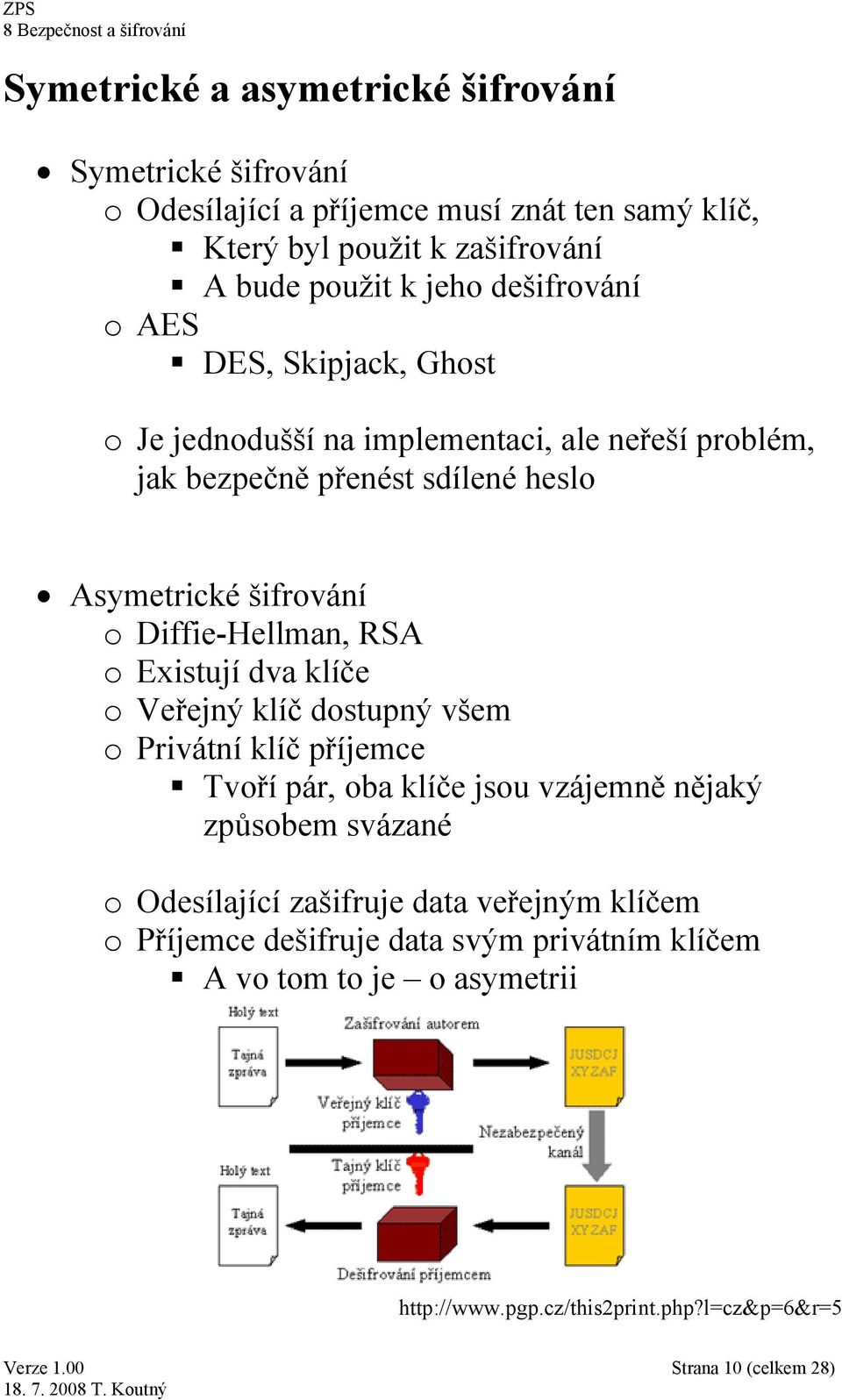 Diffie-Hellman, RSA o Existují dva klíče o Veřejný klíč dostupný všem o Privátní klíč příjemce Tvoří pár, oba klíče jsou vzájemně nějaký způsobem svázané o