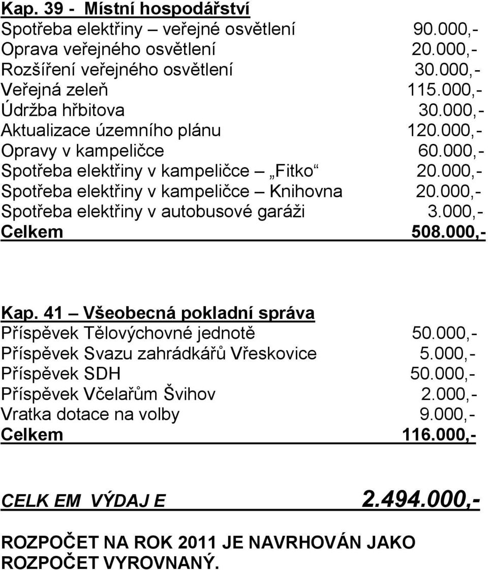 000,- Spotřeba elektřiny v kampeličce Knihovna 20.000,- Spotřeba elektřiny v autobusové garáži 3.000,- Celkem 508.000,- Kap.