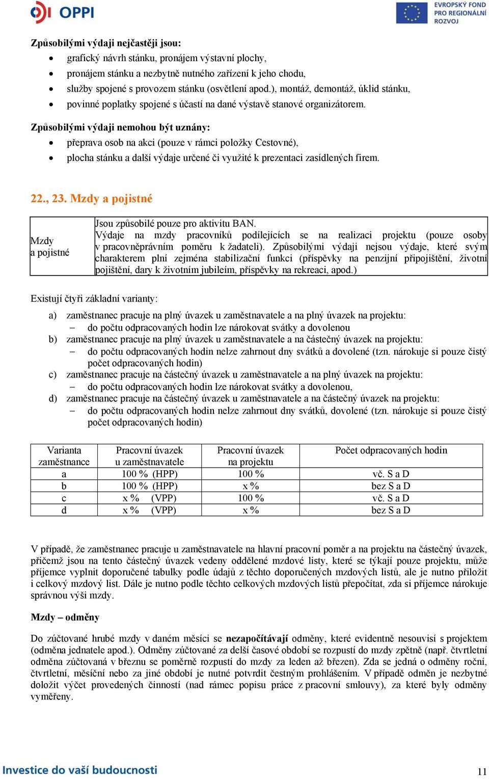 Způsobilými výdaji nemohou být uznány: přeprava osob na akci (pouze v rámci položky Cestovné), plocha stánku a další výdaje určené či využité k prezentaci zasídlených firem. 22., 23.