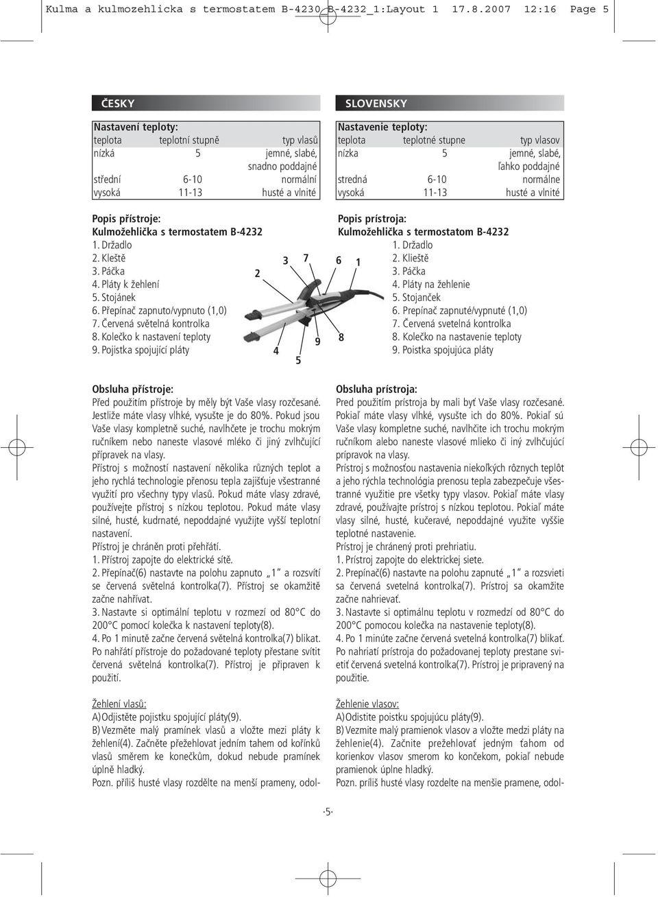 stupne typ vlasov nízka 5 jemné, slabé, ľahko poddajné stredná 6-10 normálne vysoká 11-13 husté a vlnité Popis přístroje: Kulmožehlička s termostatem B-4232 1. Držadlo 2. Kleště 3. Páčka 2 4.