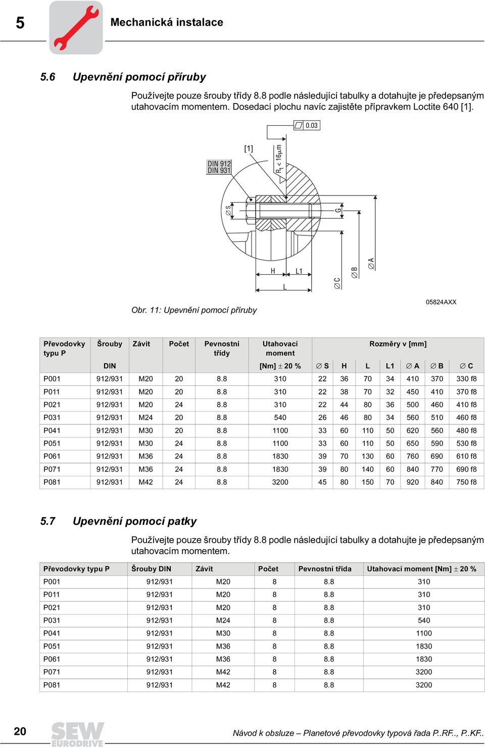 11: Upevnění pomocí příruby 05824AXX Převodovky typu P Šrouby Závit Počet Pevnostní třídy Utahovací moment Rozměry v [mm] DIN [Nm] ± 20 % S H L L1 A B C P001 912/931 M20 20 8.