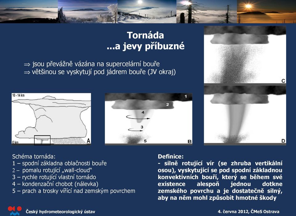 základna oblačnosti bouře 2 pomalu rotující wall-cloud 3 rychle rotující vlastní tornádo 4 kondenzační chobot (nálevka) 5 prach a trosky