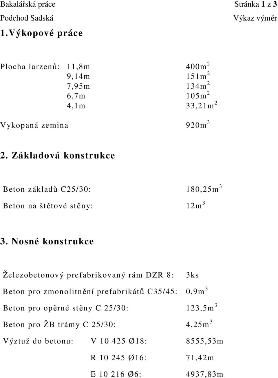 Základová konstrukce Beton základů C25/30: 180,25m 3 Beton na štětové stěny: 12m 3 3.