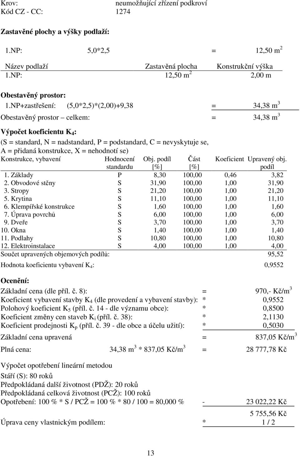 NP+zastřešení: (5,0*2,5)*(2,00)+9,38 = 34,38 m 3 Obestavěný prostor celkem: = 34,38 m 3 Výpočet koeficientu K 4 : (S = standard, N = nadstandard, P = podstandard, C = nevyskytuje se, A = přidaná