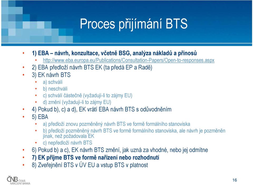 d), EK vrátí EBA návrh BTS s odůvodněním 5) EBA a) předloží znovu pozměněný návrh BTS ve formě formálního stanoviska b) předloží pozměněný návrh BTS ve formě formálního stanoviska, ale návrh je