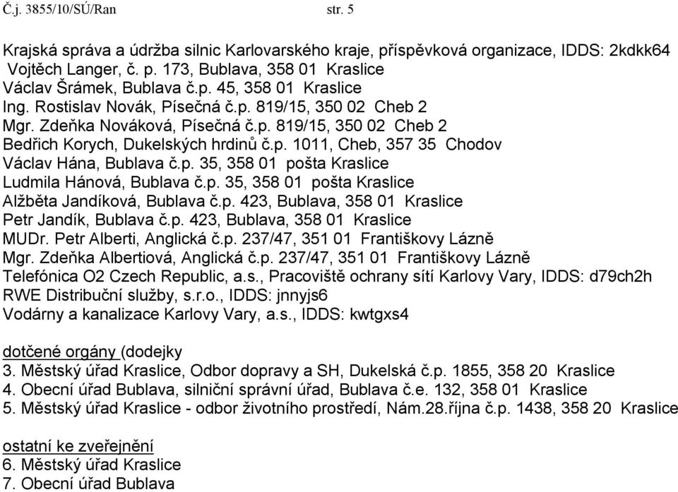 p. 35, 358 01 pošta Kraslice Alžběta Jandíková, Bublava č.p. 423, Bublava, 358 01 Kraslice Petr Jandík, Bublava č.p. 423, Bublava, 358 01 Kraslice MUDr. Petr Alberti, Anglická č.p. 237/47, 351 01 Františkovy Lázně Mgr.