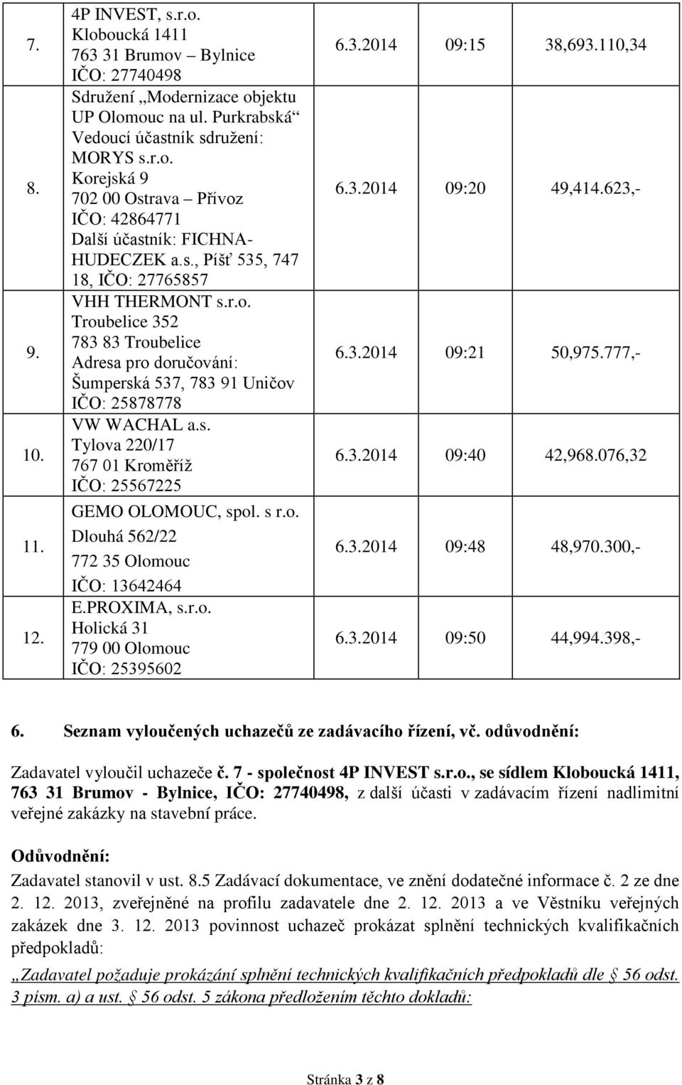 s r.o. Dlouhá 562/22 772 35 Olomouc IČO: 13642464 E.PROXIMA, s.r.o. Holická 31 779 00 Olomouc IČO: 25395602 6.3.2014 09:15 38,693.110,34 6.3.2014 09:20 49,414.623,- 6.3.2014 09:21 50,975.777,- 6.3.2014 09:40 42,968.