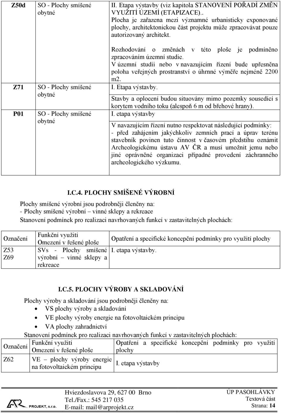 Rozhodování o změnách v této ploše je podmíněno zpracováním územní studie. V územní studii nebo v navazujícím řízení bude upřesněna poloha veřejných prostranství o úhrnné výměře nejméně 2200 m2. I.