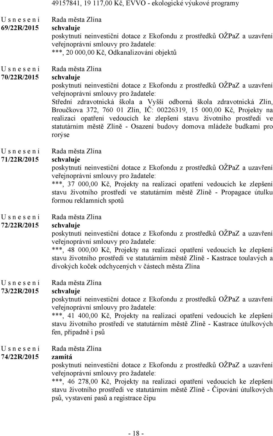 Střední zdravotnická škola a Vyšší odborná škola zdravotnická Zlín, Broučkova 372, 760 01 Zlín, IČ: 00226319, 15 000,00 Kč, Projekty na realizaci opatření vedoucích ke zlepšení stavu životního