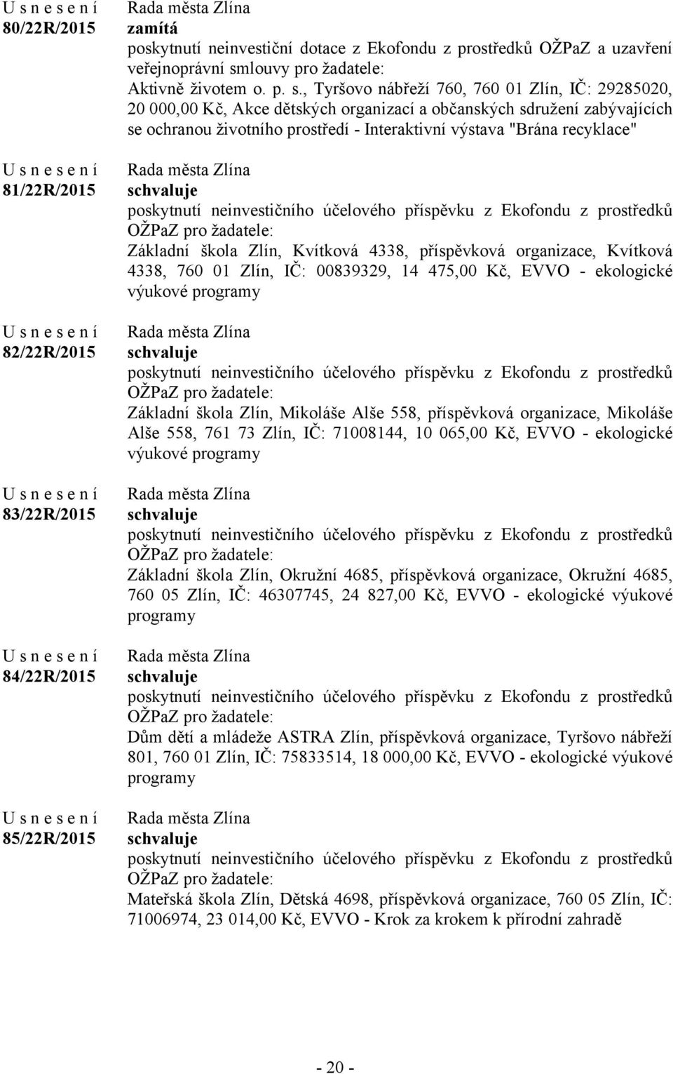 , Tyršovo nábřeží 760, 760 01 Zlín, IČ: 29285020, 20 000,00 Kč, Akce dětských organizací a občanských sdružení zabývajících se ochranou životního prostředí - Interaktivní výstava "Brána recyklace"