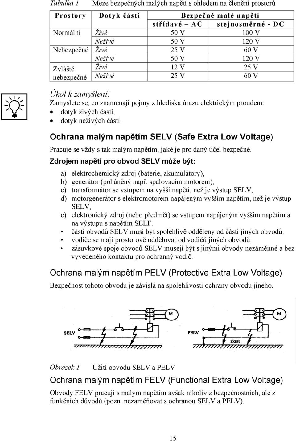 Ochrana malým napětím SELV (Safe Extra Low Voltage) Pracuje se vždy s tak malým napětím, jaké je pro daný účel bezpečné.