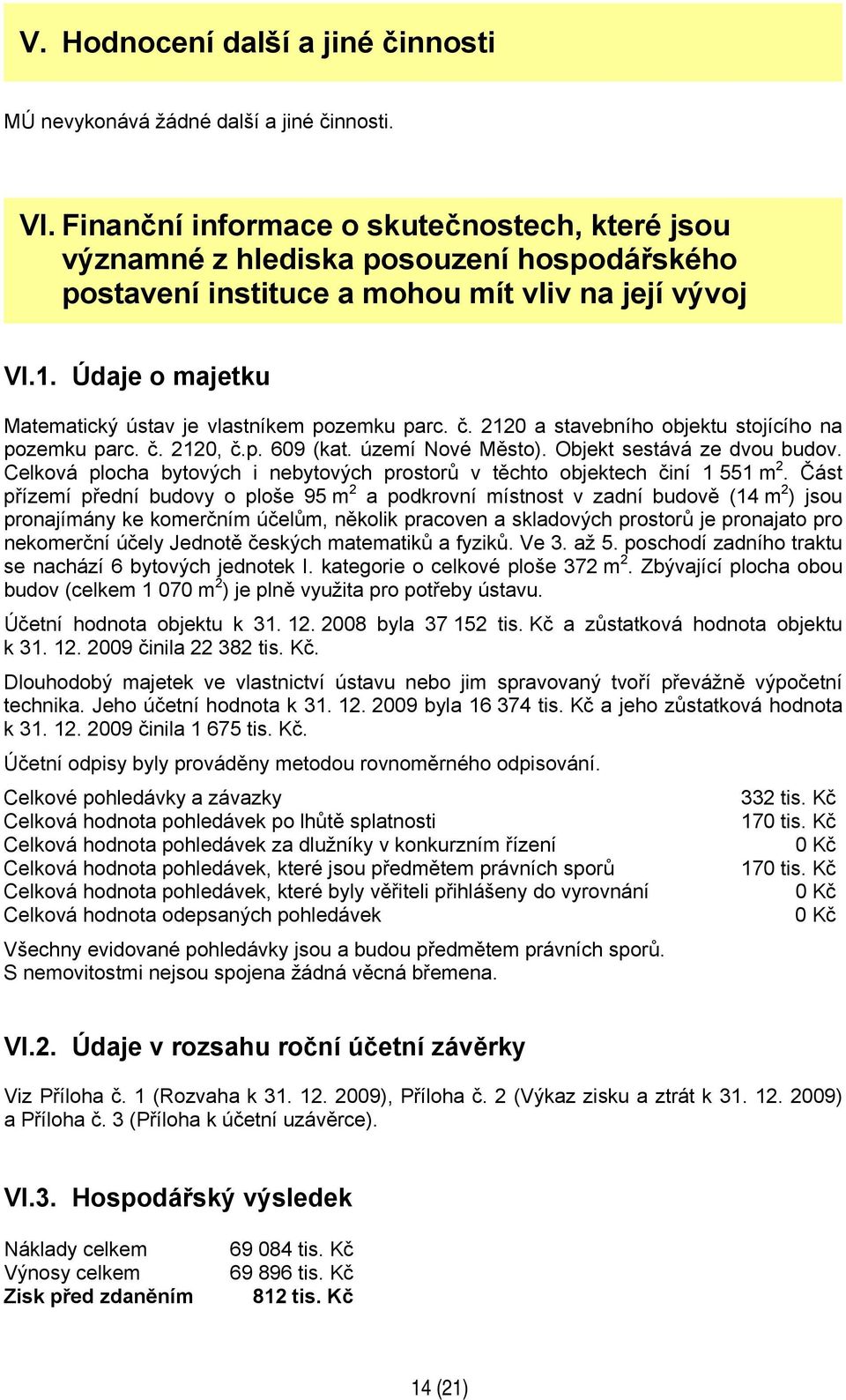 Údaje o majetku Matematický ústav je vlastníkem pozemku parc. č. 2120 a stavebního objektu stojícího na pozemku parc. č. 2120, č.p. 609 (kat. území Nové Město). Objekt sestává ze dvou budov.