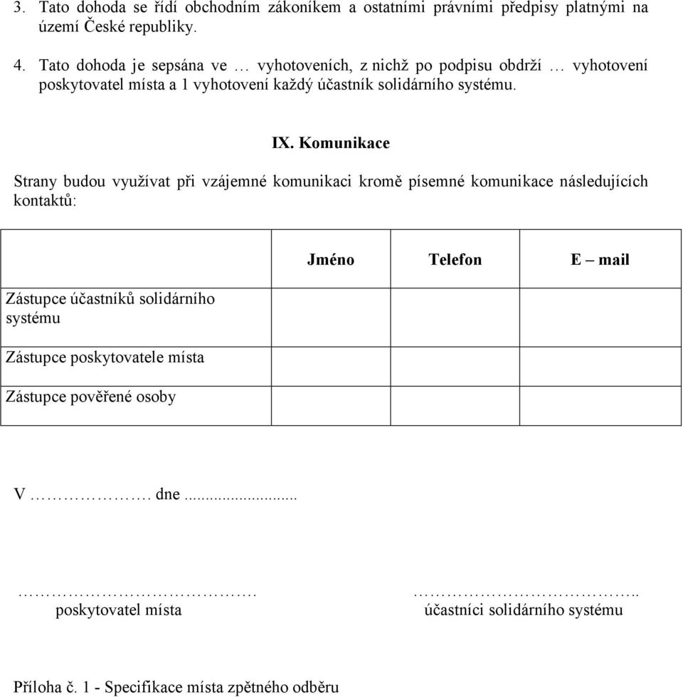 IX. Komunikace Strany budou využívat při vzájemné komunikaci kromě písemné komunikace následujících kontaktů: Zástupce účastníků solidárního