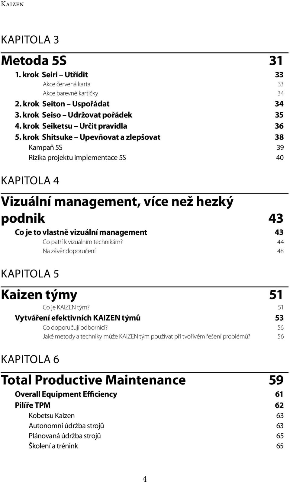 krok Shitsuke Upevňovat a zlepšovat 38 Kampaň 5S 39 Rizika projektu implementace 5S 40 KAPITOLA 4 Vizuální management, více než hezký podnik 43 Co je to vlastně vizuální management 43 Co patří k