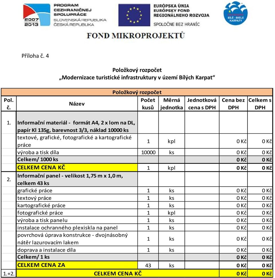 Kč Celkem/ 1000 ks 0 Kč 0 Kč CELKEM CENA KČ 1 kpl 0 Kč 0 Kč 2.