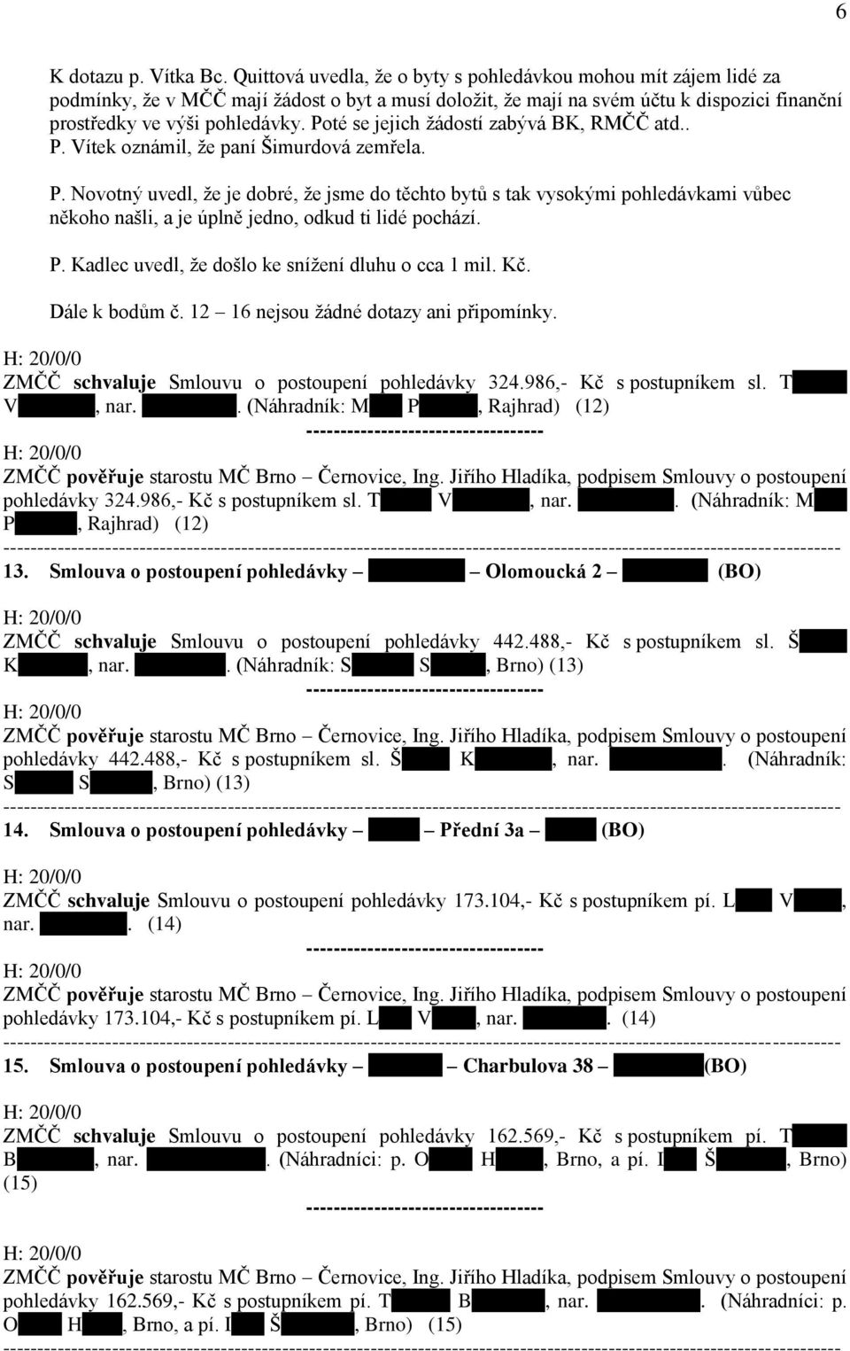 Poté se jejich žádostí zabývá BK, RMČČ atd.. P. Vítek oznámil, že paní Šimurdová zemřela. P. Novotný uvedl, že je dobré, že jsme do těchto bytů s tak vysokými pohledávkami vůbec někoho našli, a je úplně jedno, odkud ti lidé pochází.