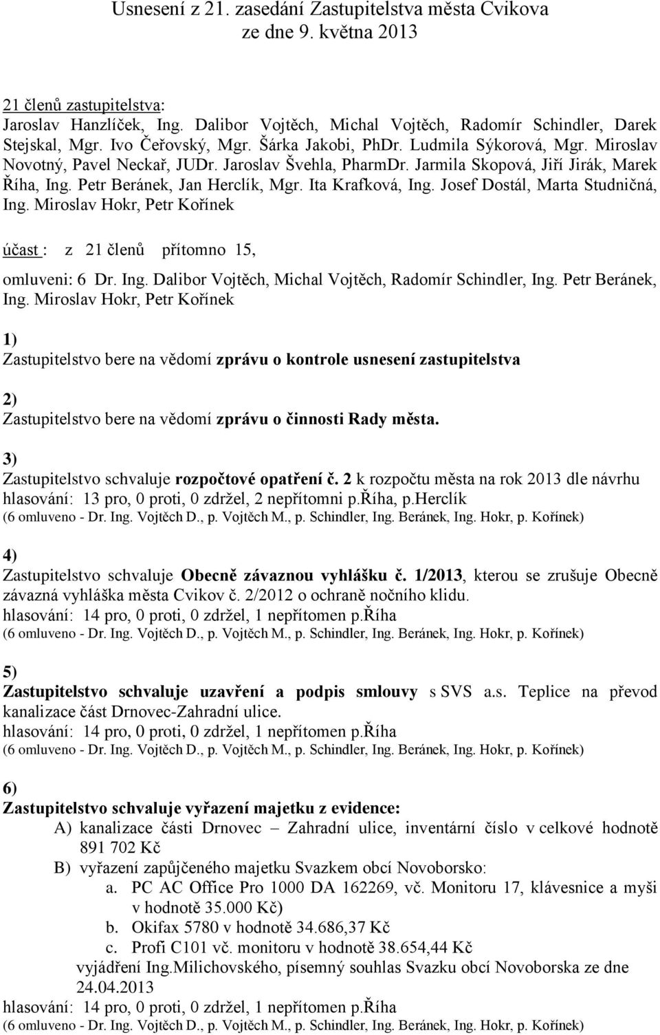 Petr Beránek, Jan Herclík, Mgr. Ita Krafková, Ing. Josef Dostál, Marta Studničná, Ing. Miroslav Hokr, Petr Kořínek účast : z 21 členů přítomno 15, omluveni: 6 Dr. Ing. Dalibor Vojtěch, Michal Vojtěch, Radomír Schindler, Ing.