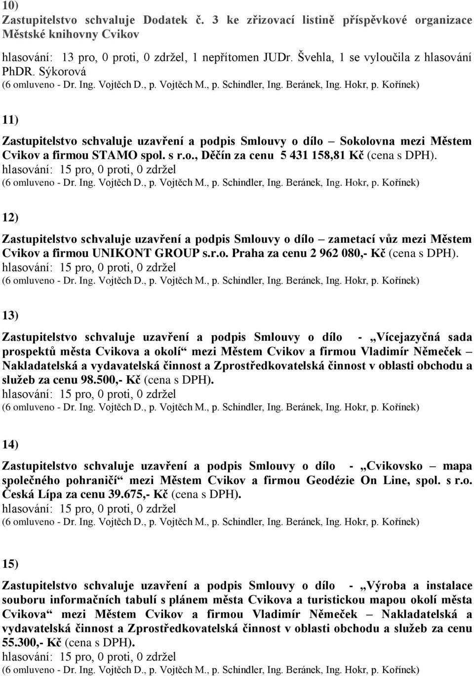 12) Zastupitelstvo schvaluje uzavření a podpis Smlouvy o dílo zametací vůz mezi Městem Cvikov a firmou UNIKONT GROUP s.r.o. Praha za cenu 2 962 080,- Kč (cena s DPH).