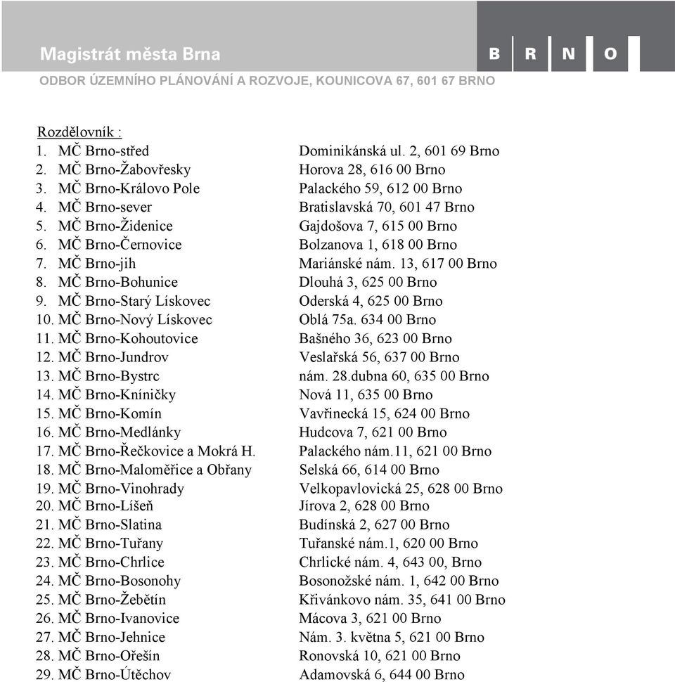 MČ Brno-jih Mariánské nám. 13, 617 00 Brno 8. MČ Brno-Bohunice Dlouhá 3, 625 00 Brno 9. MČ Brno-Starý Lískovec Oderská 4, 625 00 Brno 10. MČ Brno-Nový Lískovec Oblá 75a. 634 00 Brno 11.