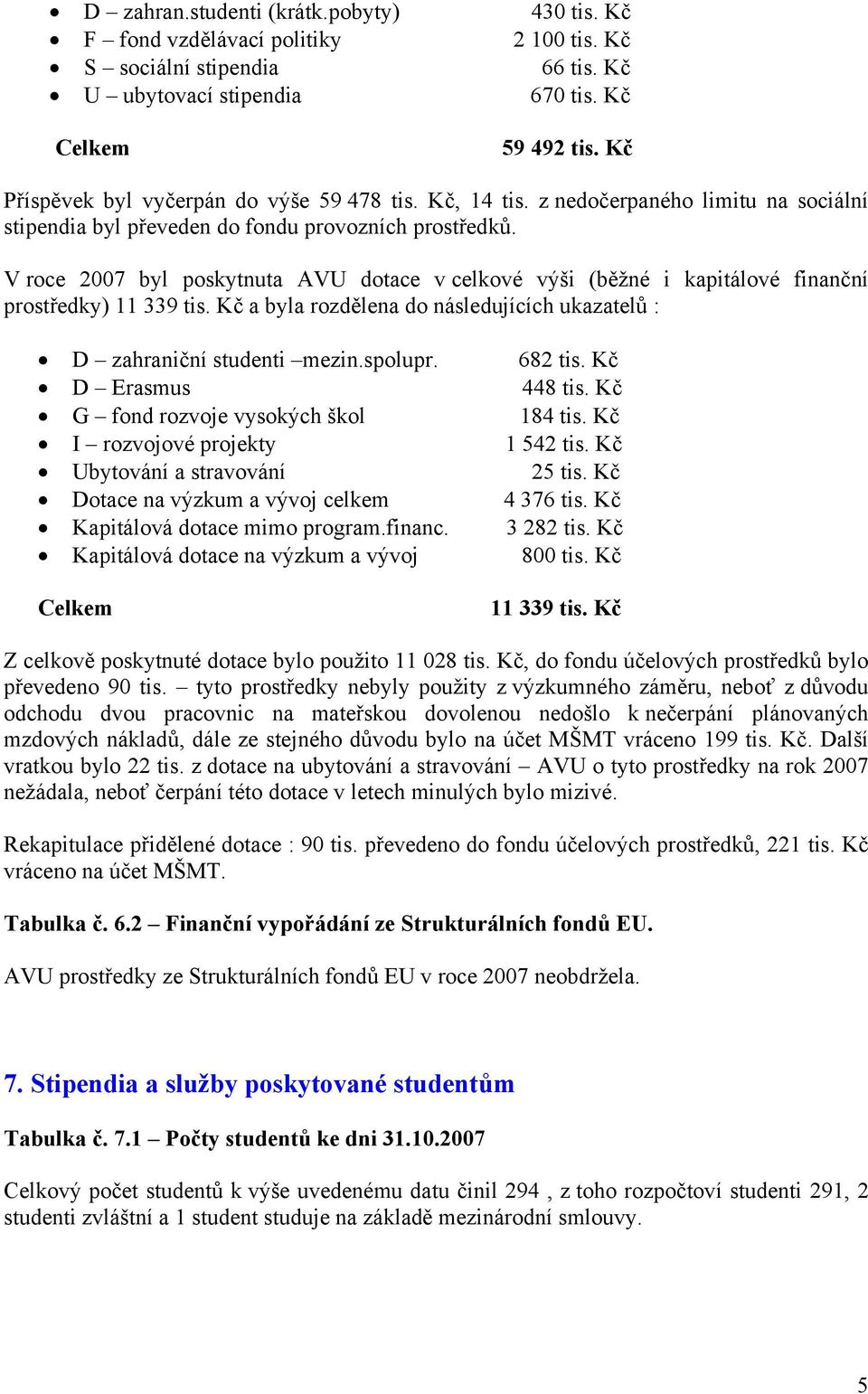 V roce 2007 byl poskytnuta AVU dotace v celkové výši (běžné i kapitálové finanční prostředky) 11 339 tis. Kč a byla rozdělena do následujících ukazatelů : D zahraniční studenti mezin.spolupr. 682 tis.