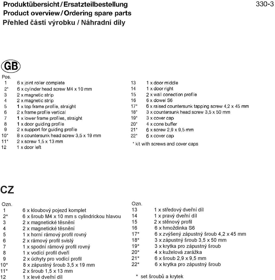svislý 7 1 x spodní rámový profil rovný 8 1 x vodící profil dveří 9 2 x úchyty pro vodící profil 10* 8 x zápustný šroub 3,5 x 19 mm 11* 2 x šroub 1,5 x 13 mm 12 1 x levé dveřní