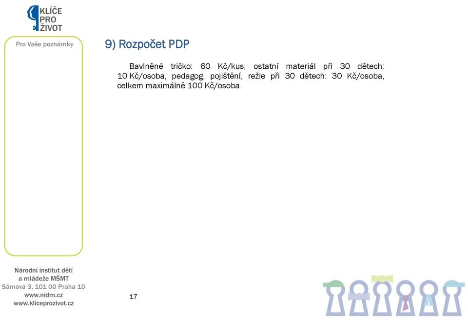 Kč/osoba, pedagog, pojištění, režie při 30