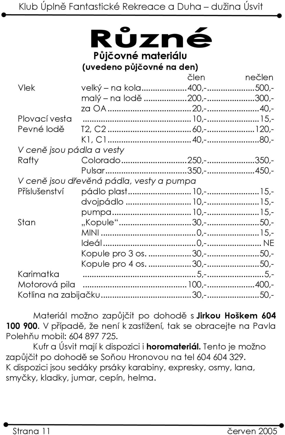 ..15,- dvojpádlo...10,-...15,- pumpa...10,-...15,- Kopule...30,-...50,- MINI... 0,-...15,- Ideál... 0,-... NE Kopule pro 3 os....30,-...50,- Kopule pro 4 os....30,-...50,- Karimatka... 5,-.