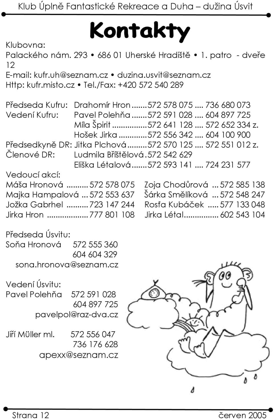 ..572 570 125... 572 551 012 z. Členové DR: Ludmila Bříštělová.572 542 629 Eliška Létalová...572 593 141... 724 231 577 Vedoucí akcí: Máša Hronová... 572 578 075 Zoja Chodůrová.