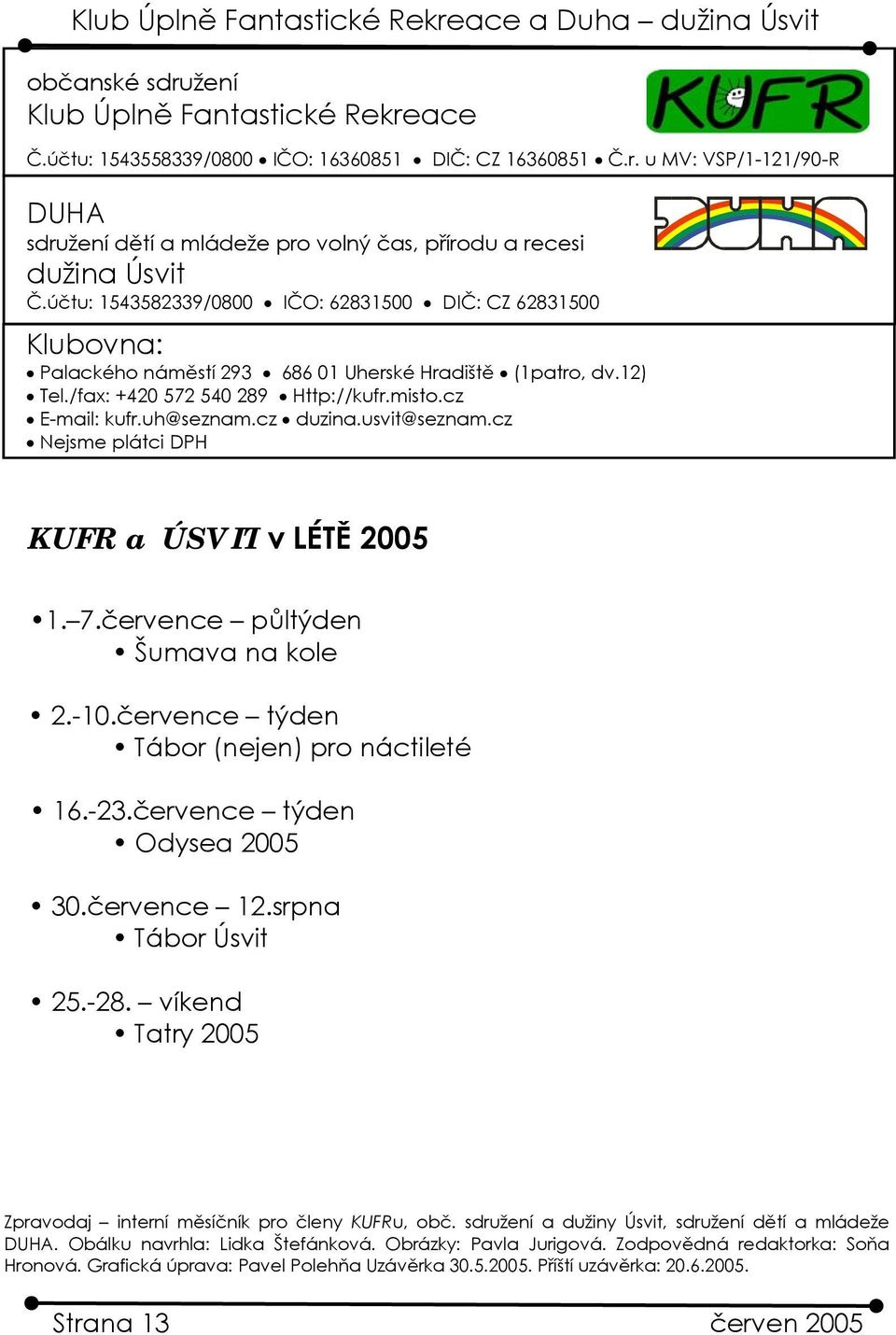 cz duzina.usvit@seznam.cz Nejsme plátci DPH KUFR a ÚSVIT v LÉTĚ 2005 1. 7.července půltýden Šumava na kole 2.-10.července týden Tábor (nejen) pro náctileté 16.-23.července týden Odysea 2005 30.