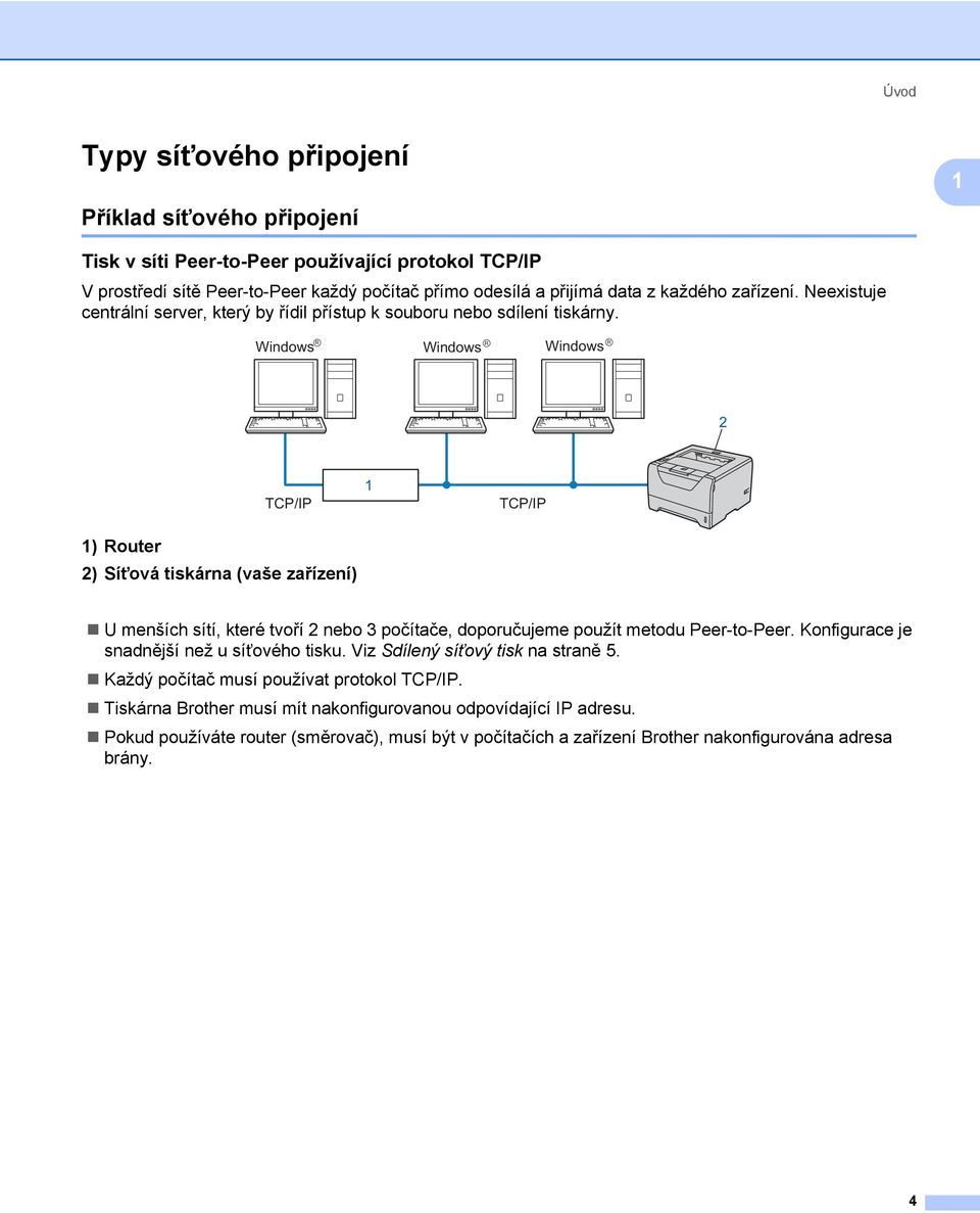 Windows R Windows R Windows R 2 TCP/IP 1 TCP/IP 1) Router 2) Síťová tiskárna (vaše zařízení) U menších sítí, které tvoří 2 nebo 3 počítače, doporučujeme použít metodu Peer-to-Peer.