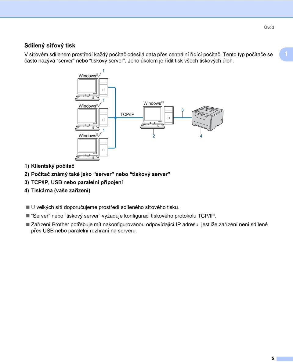 1 Windows R 1 Windows R 1 TCP/IP Windows R 3 Windows R 1 2 4 1) Klientský počítač 2) Počítač známý také jako server nebo tiskový server 3) TCP/IP, USB nebo paralelní připojení 4)