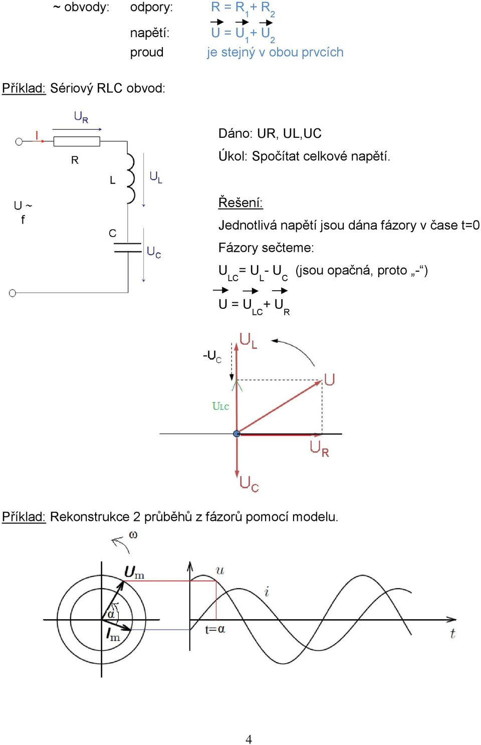 Řešení: Jednotlivá napětí jsou dána fázory v čase t=0 Fázory sečteme: U LC = U L - U