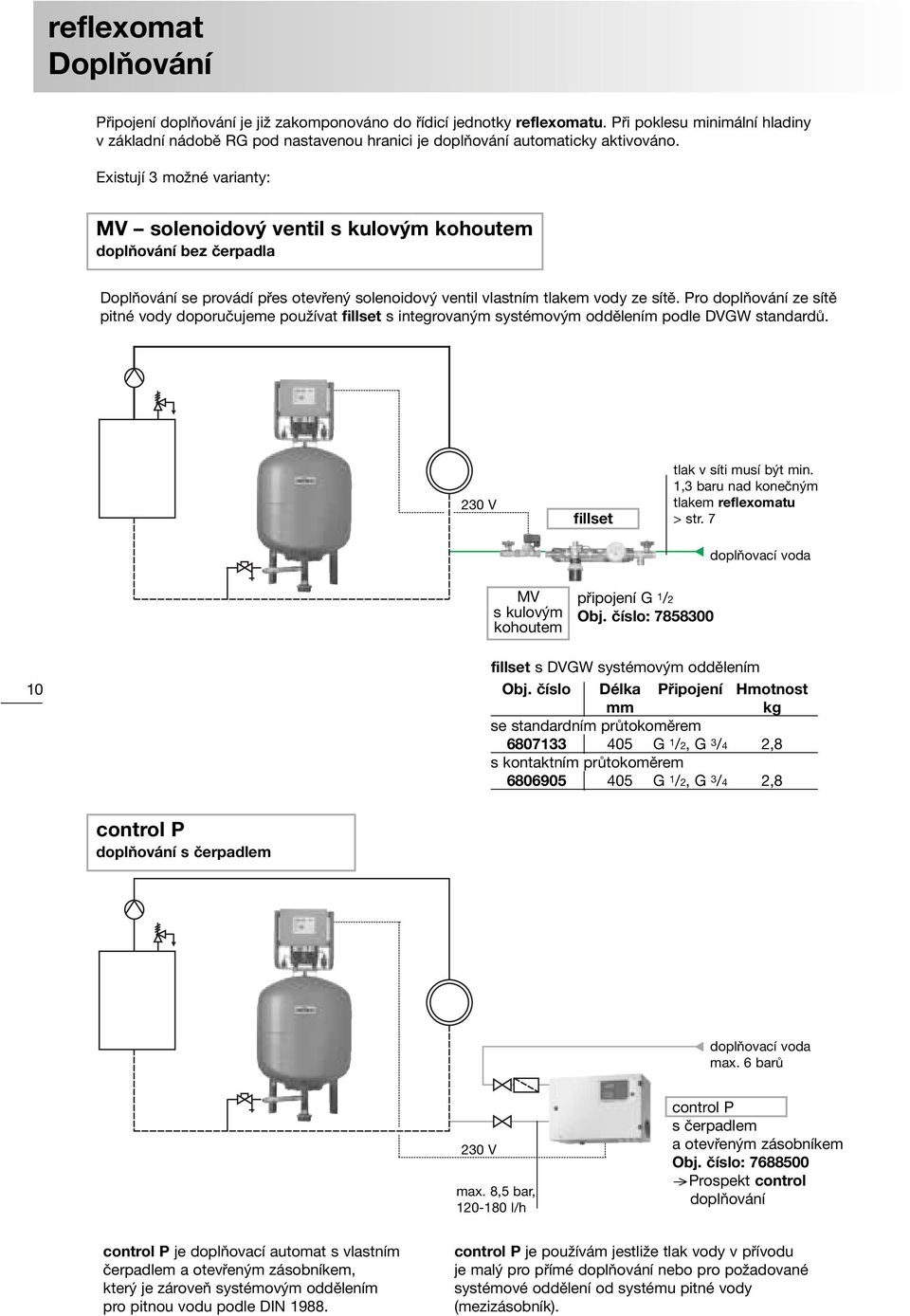 Pro doplňování ze sítě pitné vody doporučujeme používat fillset s integrovaným systémovým oddělením podle DVGW standardů. 230 V fillset tlak v síti musí být min.