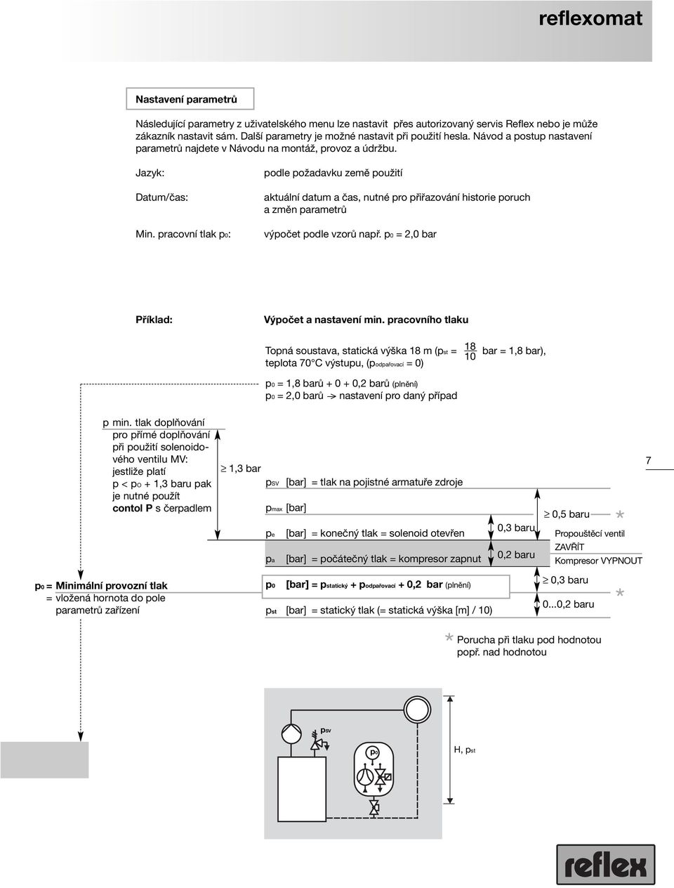 pracovní tlak p0: podle požadavku země použití aktuální datum a čas, nutné pro přiřazování historie poruch a změn parametrů výpočet podle vzorů např. p0 = 2,0 bar Příklad: Výpočet a nastavení min.